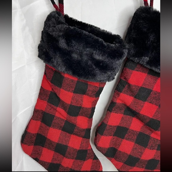 Christmas Red & Black Buffalo Check Faux Fur Stockings Set Of Two - Picture 3 of 8